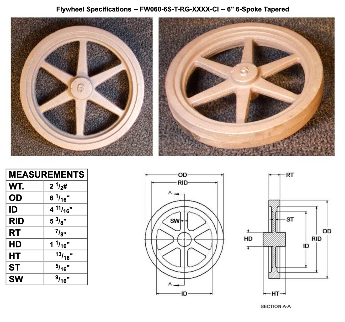 6" Flywheel 6-Spoke Straight Tapered